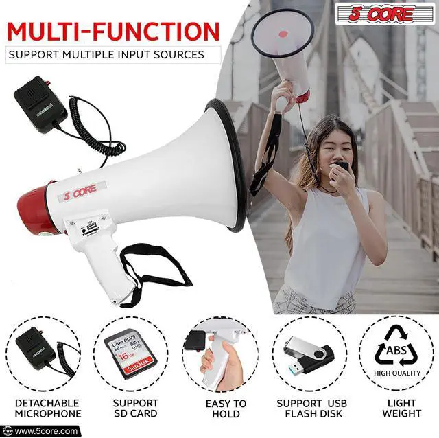 Alt view image 5 of 7 - 5 CORE Megaphone Bull Horn 50W Power 300 Meter Range Loud Siren Rechargeable Bullhorn PA Speaker System w Recording USB SD Card Adjustable Volume for Coaches Speeches Events Battery Included - 20RF WB
