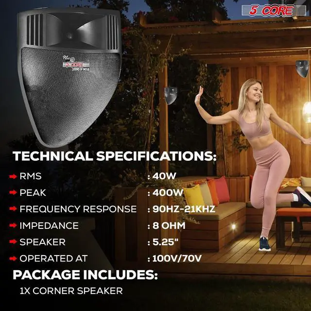 Alt view image 2 of 7 - 5 CORE Outdoor Speaker Wired Waterproof System Wall Mounted Indoor Outside Patio Backyard Surround Sound Home Exterior Corner