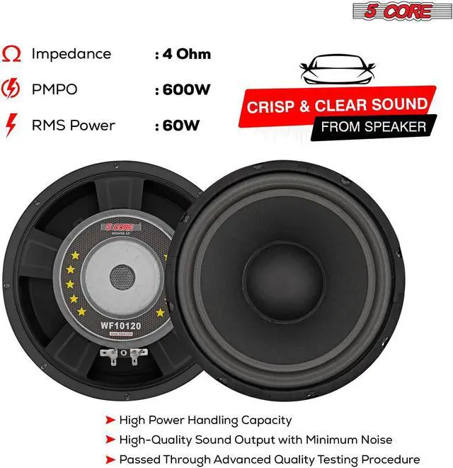 Alt view image 4 of 8 - 5 Core 10 Inch Subwoofer Speaker 600W Peak 4 Ohm Replacement Car Audio Bass Sub Woofer with 30 Oz Magnet WF 10120 8OHM