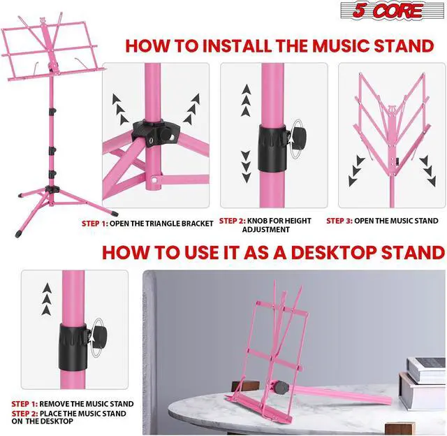 Alt view image 4 of 8 - 5 Core Sheet Music Stand 2 in 1 Dual Use Professional Portable Adjustable 28-67 Inch Folding Music Note Holder Tripod Stands Pink - MUS FLD 4S PNK WLGT