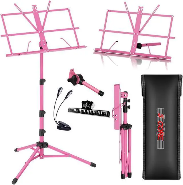 Main image of 5 Core Sheet Music Stand 2 in 1 Dual Use Professional Portable Adjustable 28-67 Inch Folding Music Note Holder Tripod Stands Pink - MUS FLD 4S PNK WLGT