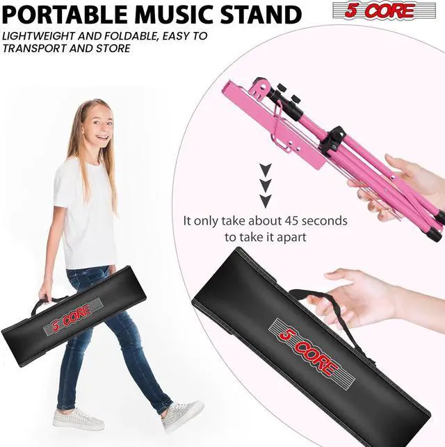 Alt view image 5 of 8 - 5 Core Sheet Music Stand 2 in 1 Dual Use Professional Portable Adjustable 28-67 Inch Folding Music Note Holder Tripod Stands Pink - MUS FLD 4S PNK WLGT
