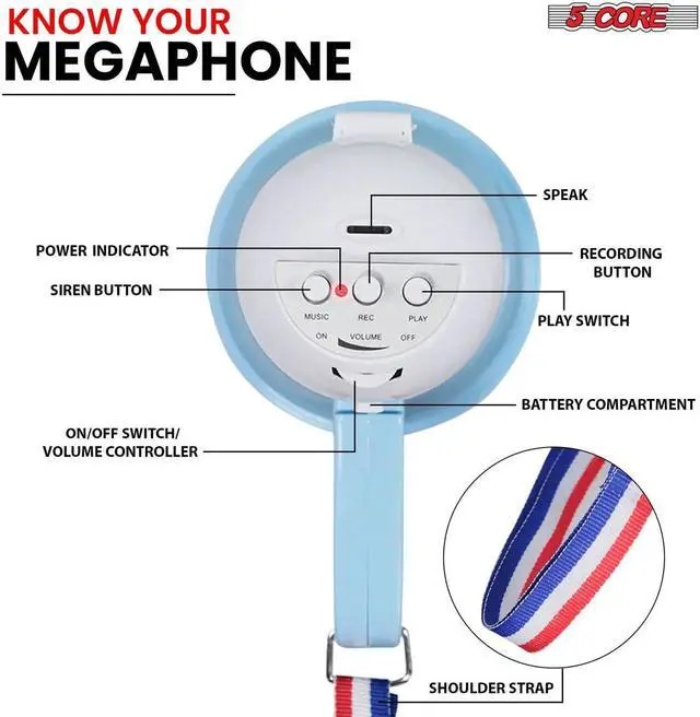 Alt view image 3 of 7 - 5 Core Megaphone Bullhorn Speaker 15W Mini Battery Power Bull Horn w Siren 400 Yard Range