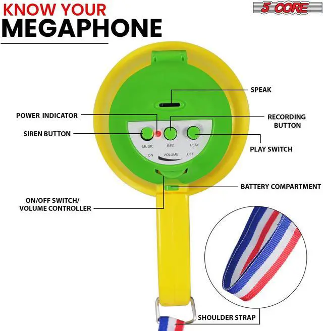 Alt view image 3 of 7 - 5 Core Megaphone Bullhorn Speaker 15W Mini Battery Power Bull Horn w Siren 400 Yard Range