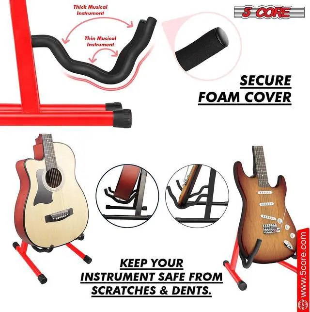 Alt view image 6 of 7 - 5 Core Guitar Stand Pair A Frame Shape w Soft Foam Arms Non Slip Rubber Supports Acoustic Electric Bass Ukulele Banjo for School Studio Stage Concerts Brown - GSS RED 2PCS