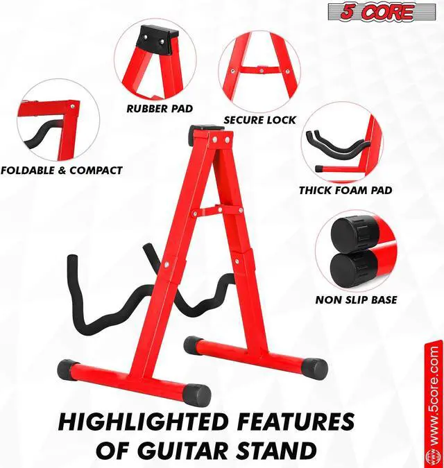 Alt view image 5 of 7 - 5 Core Guitar Stand Pair A Frame Shape w Soft Foam Arms Non Slip Rubber Supports Acoustic Electric Bass Ukulele Banjo for School Studio Stage Concerts Brown - GSS RED 2PCS