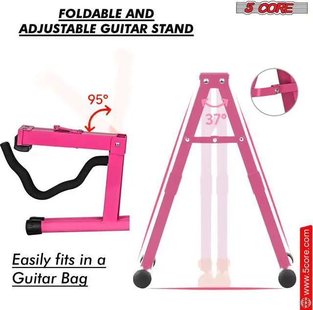 Alt view image 5 of 7 - 5 Core Guitar Stand Pair A Frame Shape w Soft Foam Arms Non Slip Rubber Supports Acoustic Electric Bass Ukulele Banjo Foldable for School Studio Stage Concerts Pink - GSS BPNK 2PCS