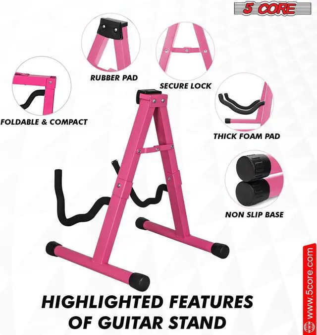 Alt view image 2 of 7 - 5 Core Guitar Stand Pair A Frame Shape w Soft Foam Arms Non Slip Rubber Supports Acoustic Electric Bass Ukulele Banjo Foldable for School Studio Stage Concerts Pink - GSS BPNK 2PCS