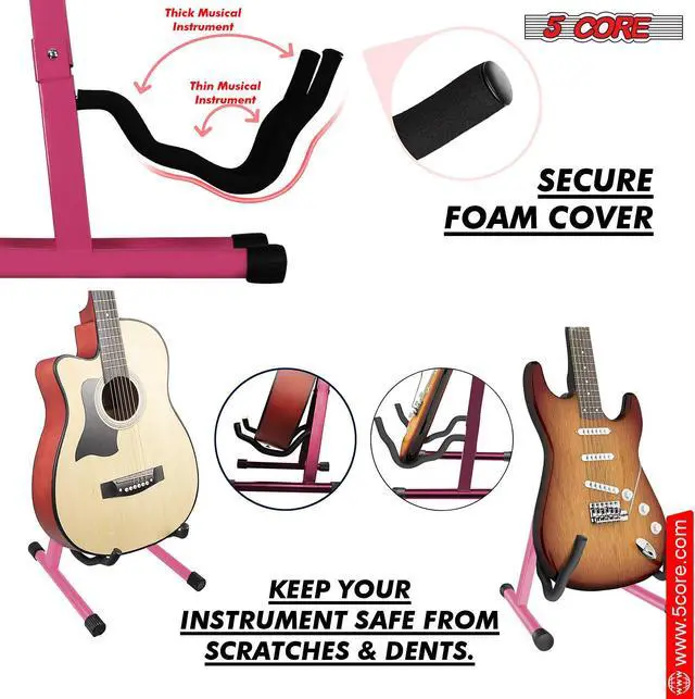Alt view image 4 of 7 - 5 Core Guitar Stand Pair A Frame Shape w Soft Foam Arms Non Slip Rubber Supports Acoustic Electric Bass Ukulele Banjo Foldable for School Studio Stage Concerts Pink - GSS BPNK 2PCS