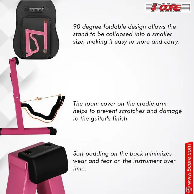 Alt view image 7 of 7 - 5 Core Guitar Stand Pair A Frame Shape w Soft Foam Arms Non Slip Rubber Supports Acoustic Electric Bass Ukulele Banjo Foldable for School Studio Stage Concerts Pink - GSS BPNK 2PCS