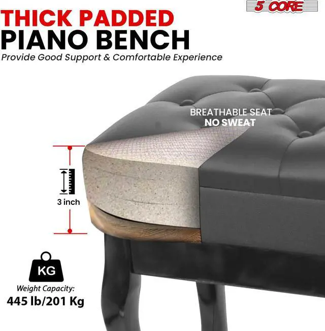 Alt view image 6 of 8 - 5 Core Piano Bench Wooden Height Adjustable Keyboard Stool Heavy Duty Padded Cushioned Seat, Solid Sturdy Wooden Legs + Storage - PNB WD HD BLK