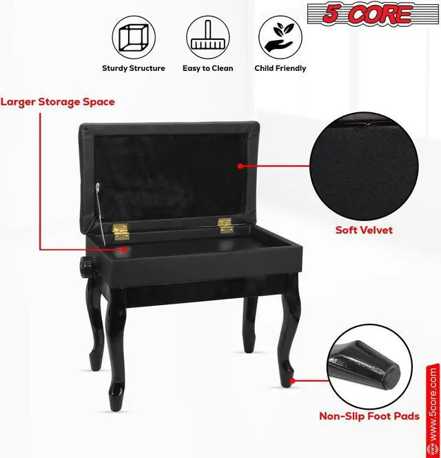 Alt view image 3 of 8 - 5 Core Piano Bench Wooden Height Adjustable Keyboard Stool Heavy Duty Padded Cushioned Seat, Solid Sturdy Wooden Legs + Storage - PNB WD HD BLK