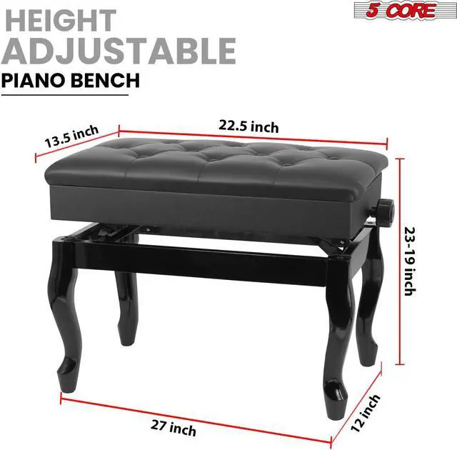 Alt view image 2 of 8 - 5 Core Piano Bench Wooden Height Adjustable Keyboard Stool Heavy Duty Padded Cushioned Seat, Solid Sturdy Wooden Legs + Storage - PNB WD HD BLK