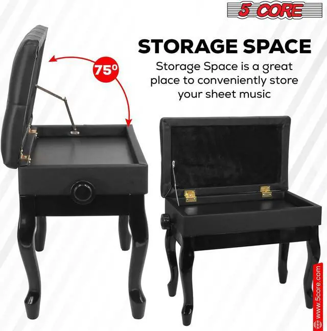Alt view image 7 of 8 - 5 Core Piano Bench Wooden Height Adjustable Keyboard Stool Heavy Duty Padded Cushioned Seat, Solid Sturdy Wooden Legs + Storage - PNB WD HD BLK