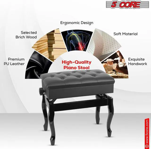 Alt view image 5 of 8 - 5 Core Piano Bench Wooden Height Adjustable Keyboard Stool Heavy Duty Padded Cushioned Seat, Solid Sturdy Wooden Legs + Storage - PNB WD HD BLK