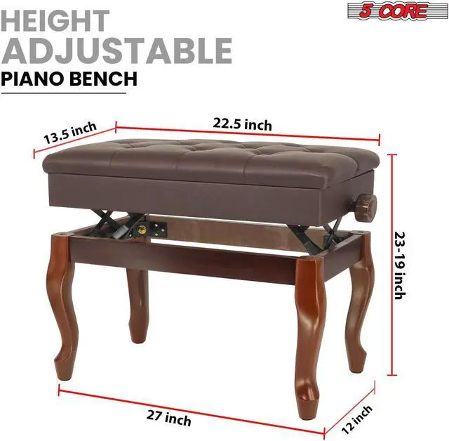 Alt view image 2 of 8 - 5 Core Piano Bench Wooden Height Adjustable Keyboard Stool Heavy Duty Padded Cushioned Seat, Solid Sturdy Wooden Legs + Storage Brown - PNB WD HD BR