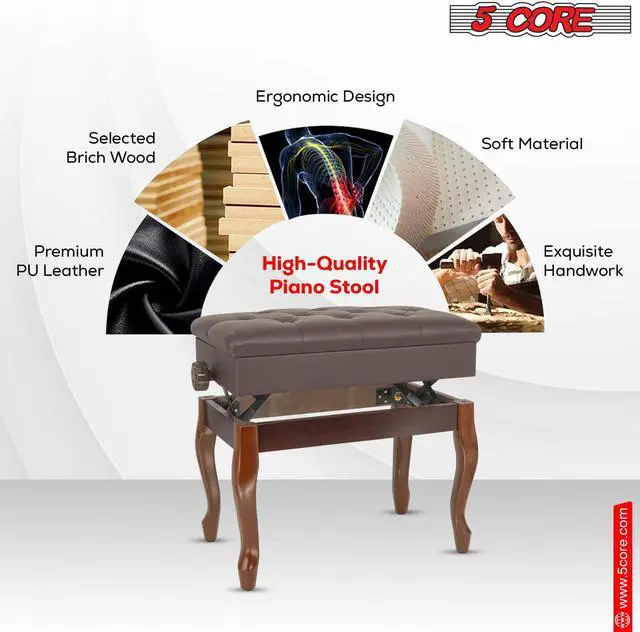 Alt view image 6 of 8 - 5 Core Piano Bench Wooden Height Adjustable Keyboard Stool Heavy Duty Padded Cushioned Seat, Solid Sturdy Wooden Legs + Storage Brown - PNB WD HD BR