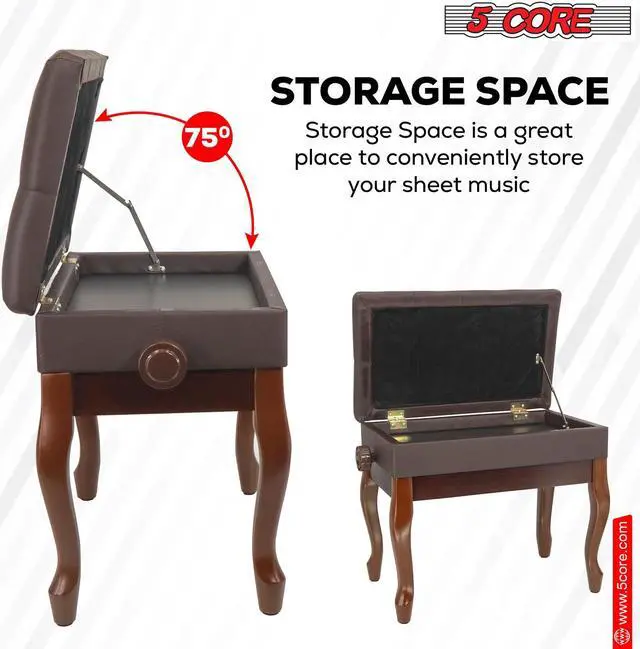 Alt view image 5 of 8 - 5 Core Piano Bench Wooden Height Adjustable Keyboard Stool Heavy Duty Padded Cushioned Seat, Solid Sturdy Wooden Legs + Storage Brown - PNB WD HD BR