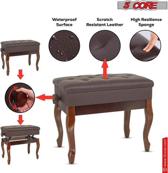 Alt view image 7 of 8 - 5 Core Piano Bench Wooden Height Adjustable Keyboard Stool Heavy Duty Padded Cushioned Seat, Solid Sturdy Wooden Legs + Storage Brown - PNB WD HD BR