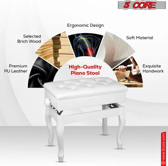 Alt view image 5 of 7 - 5 Core Piano Bench Wooden Height Adjustable Keyboard Stool Heavy Duty Padded Cushioned Seat, Solid Sturdy Wooden Legs + Storage White - PNB WD HD WH
