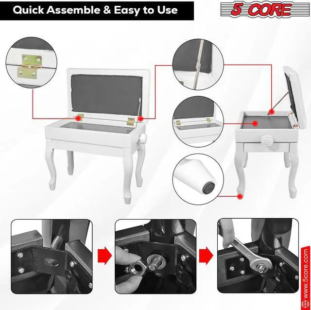Alt view image 7 of 7 - 5 Core Piano Bench Wooden Height Adjustable Keyboard Stool Heavy Duty Padded Cushioned Seat, Solid Sturdy Wooden Legs + Storage White - PNB WD HD WH