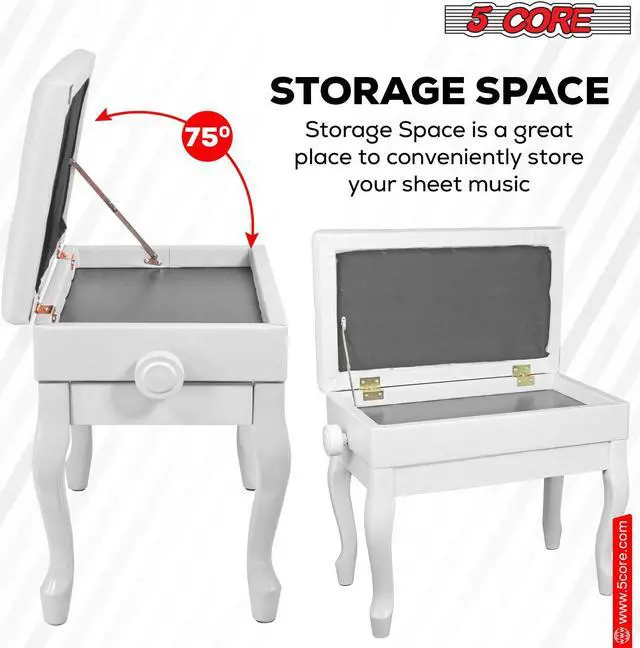 Alt view image 6 of 7 - 5 Core Piano Bench Wooden Height Adjustable Keyboard Stool Heavy Duty Padded Cushioned Seat, Solid Sturdy Wooden Legs + Storage White - PNB WD HD WH