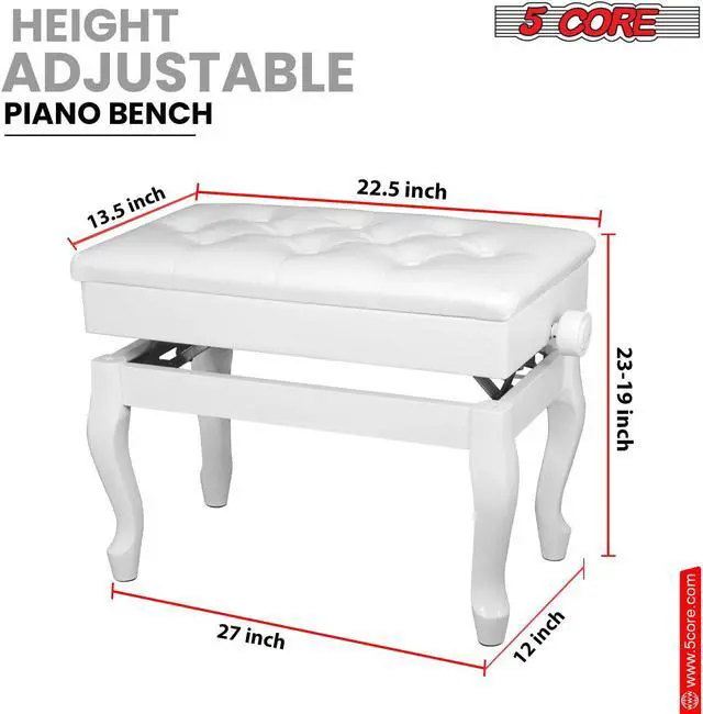 Alt view image 2 of 7 - 5 Core Piano Bench Wooden Height Adjustable Keyboard Stool Heavy Duty Padded Cushioned Seat, Solid Sturdy Wooden Legs + Storage White - PNB WD HD WH