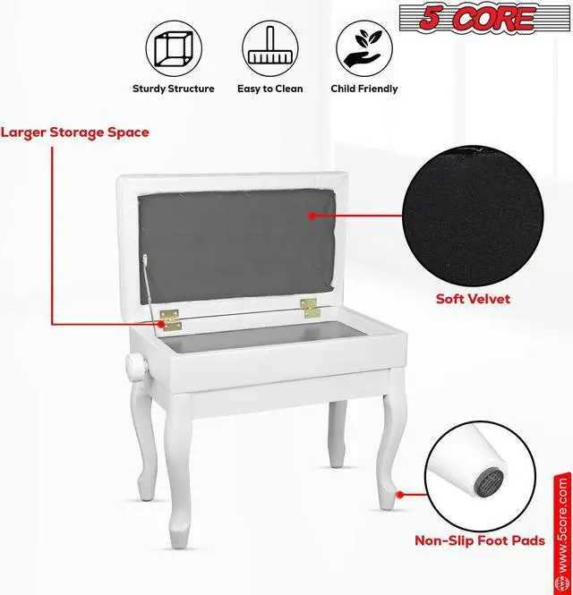 Alt view image 3 of 7 - 5 Core Piano Bench Wooden Height Adjustable Keyboard Stool Heavy Duty Padded Cushioned Seat, Solid Sturdy Wooden Legs + Storage White - PNB WD HD WH