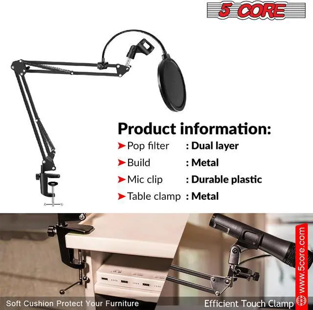 Alt view image 2 of 8 - 5 Core Professional Microphone Stand with Pop Filter Heavy Duty Microphone Suspension Scissor Arm Stand and Windscreen Mask Shield 5 Core RM STND 2 (with Pop Filter)