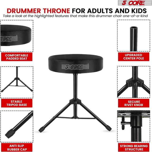 Alt view image 7 of 7 - 5 Core Drum Throne 3 Inch Thick Padded Comfortable Guitar Stool Drummer Chair Height Adjustable Musician Seat For Adults And Kids Black - DS 01 BLK