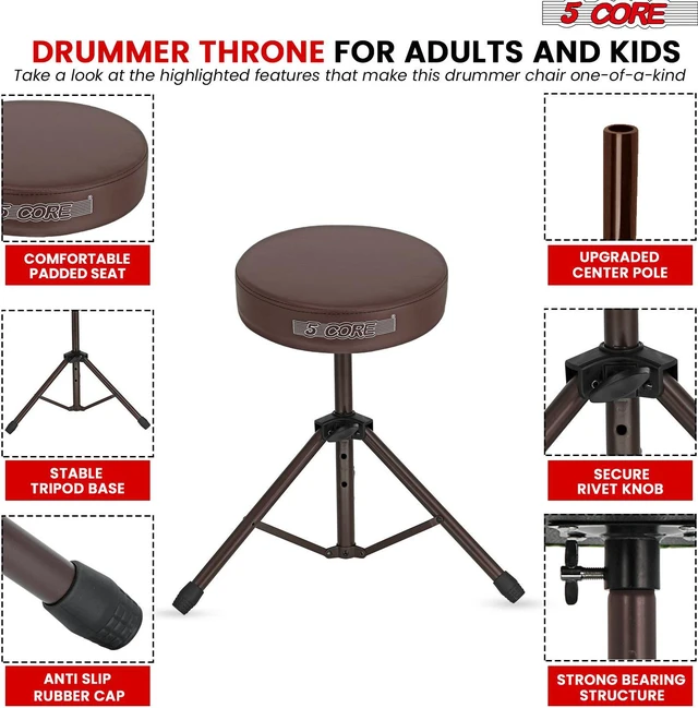 Alt view image 7 of 7 - 5 Core Drum Throne Height Adjustable guitar stool Thick Padded DJ Chair Seat with Anti Slip Feet Multipurpose Musician Chair for Adults and Kids Drummer Cello Guitar Player - DS 01 BR