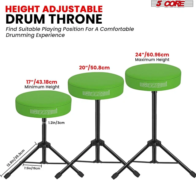 Alt view image 2 of 7 - 5 Core Drum Throne 3 Inch Thick Padded Comfortable Guitar Stool Drummer Chair Height Adjustable Musician Seat For Adults And Kids Green - DS 01 GR