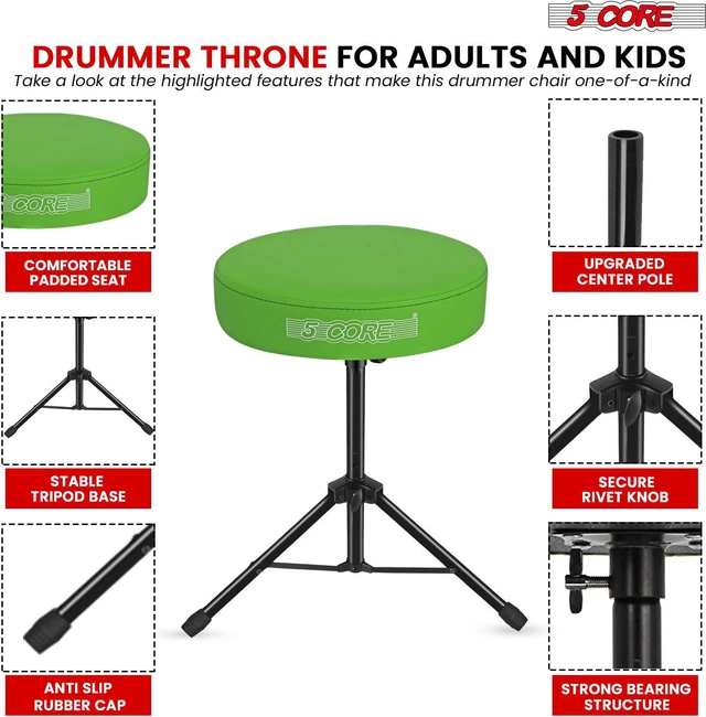 Alt view image 6 of 7 - 5 Core Drum Throne 3 Inch Thick Padded Comfortable Guitar Stool Drummer Chair Height Adjustable Musician Seat For Adults And Kids Green - DS 01 GR