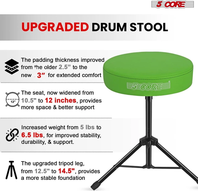 Alt view image 5 of 7 - 5 Core Drum Throne 3 Inch Thick Padded Comfortable Guitar Stool Drummer Chair Height Adjustable Musician Seat For Adults And Kids Green - DS 01 GR