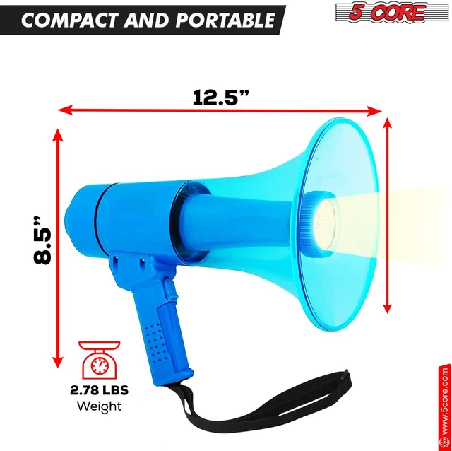 Alt view image 2 of 8 - 5 Core Megaphone Bullhorn Speaker Waterproof 50W Bull Horn Battery Power Cheer Megafono 800 Yards Range Loudspeaker W LED Light Siren Ergonomic Handle for Coaches Football Baseball Cheerleading -HW 18