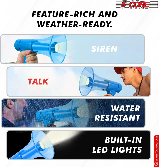 Alt view image 4 of 8 - 5 Core Megaphone Bullhorn Speaker Waterproof 50W Bull Horn Battery Power Cheer Megafono 800 Yards Range Loudspeaker W LED Light Siren Ergonomic Handle for Coaches Football Baseball Cheerleading -HW 18