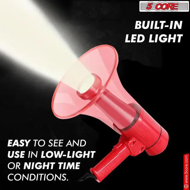 Alt view image 5 of 7 - 5 CORE 50W Compact Portable Waterproof MegaphoneAll Weather Bullhorn with Flashlight Reliable & Rechargeable PA Speaker, Adjustable Volume, Loud Alarm Siren for Indoor & Outdoor Use - HW 18 WP RED