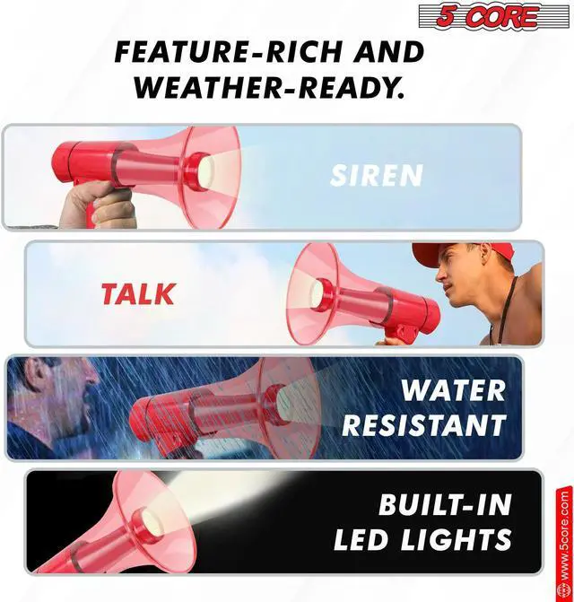 Alt view image 4 of 7 - 5 CORE 50W Compact Portable Waterproof MegaphoneAll Weather Bullhorn with Flashlight Reliable & Rechargeable PA Speaker, Adjustable Volume, Loud Alarm Siren for Indoor & Outdoor Use - HW 18 WP RED