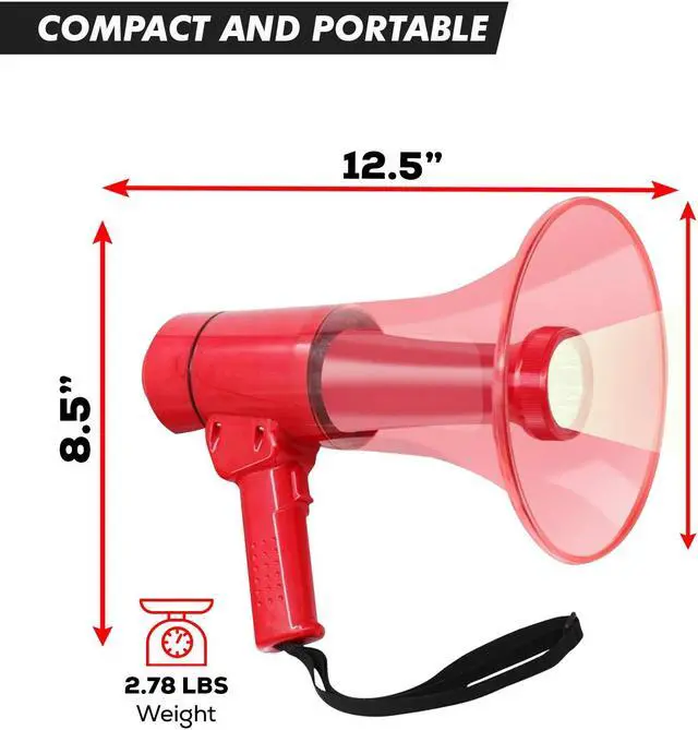 Alt view image 2 of 7 - 5 CORE 50W Compact Portable Waterproof MegaphoneAll Weather Bullhorn with Flashlight Reliable & Rechargeable PA Speaker, Adjustable Volume, Loud Alarm Siren for Indoor & Outdoor Use - HW 18 WP RED