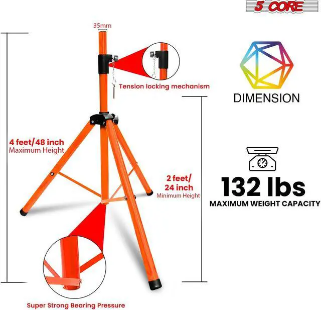 Alt view image 2 of 7 - 5 Core Speaker Stand Pair Tripod Floor Heavy Duty Adjustable Up to 48 Inch DJ Studio kanto Monitor Stands Pole Mount - SS HD 2PK ORG 4FT Bag