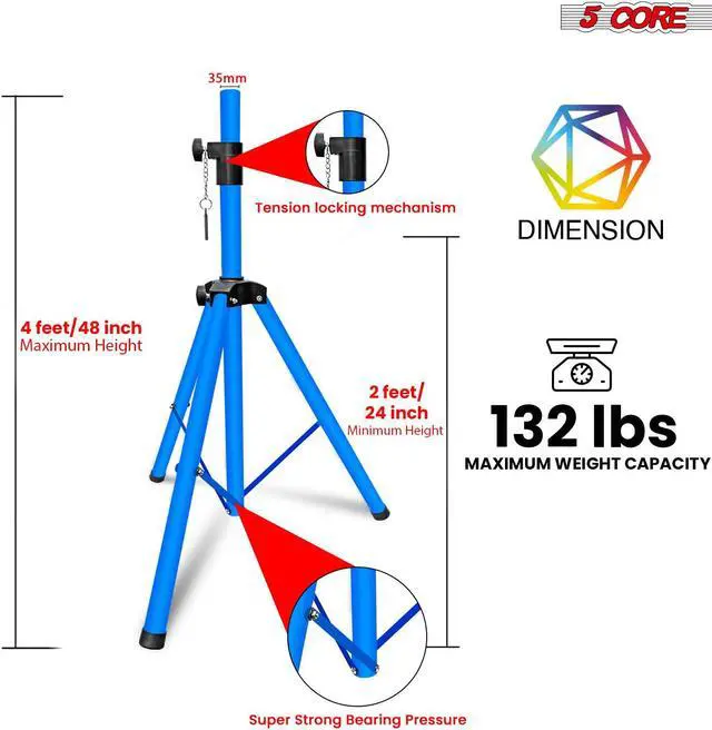 Alt view image 2 of 7 - 5 Core Speaker Stand Tripod Floor Adjustable Up to 48 Inch DJ Studio Monitor kanto Stands Pole Mount - SS HD 1PK Sky BLU 4FT