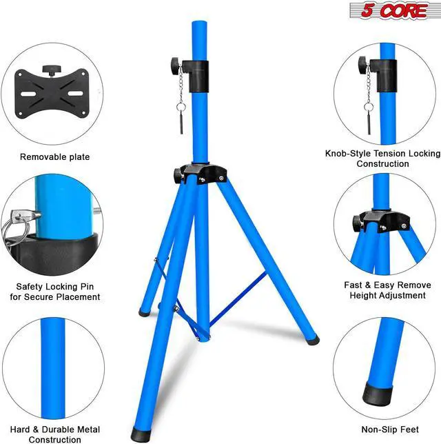 Alt view image 3 of 7 - 5 Core Speaker Stand Tripod Floor Adjustable Up to 48 Inch DJ Studio Monitor kanto Stands Pole Mount - SS HD 1PK Sky BLU 4FT