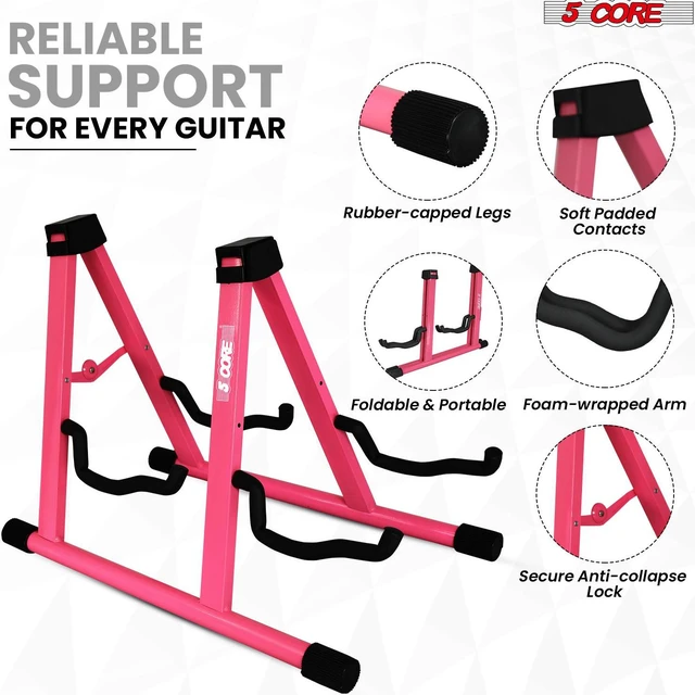 Alt view image 3 of 7 - 5 Core Double Guitar Stand Floor Adjustable Heavy Duty A Frame Universal Folding Acoustic Electric Bass Mandolin Banjo Violin Holder Stands For On Stage Studio GSS 2N1 PNK