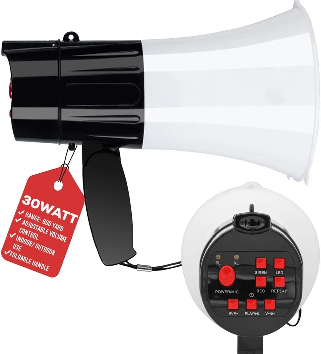 Main image of 5 Core Megaphone Bullhorn Speaker 30W Professional Bull Horn Battery Power Cheer Megafono 800 Yard Range Loudspeaker w Siren LED Light Recording Ergonomic Handle for Coaches Football Baseball
