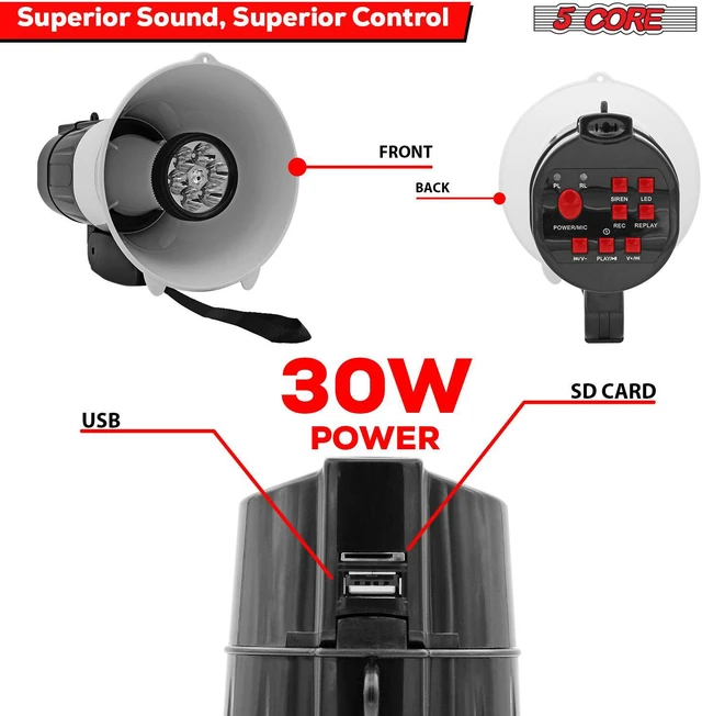 Alt view image 3 of 11 - 5 Core Megaphone Bullhorn Speaker 30W Professional Bull Horn Battery Power Cheer Megafono 800 Yard Range Loudspeaker w Siren LED Light Recording Ergonomic Handle for Coaches Football Baseball