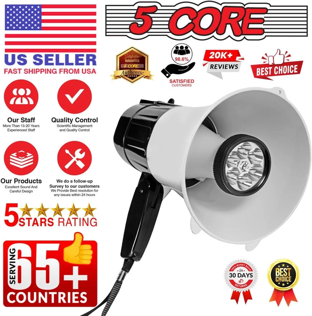 Alt view image 7 of 11 - 5 Core Megaphone Bullhorn Speaker 30W Professional Bull Horn Battery Power Cheer Megafono 800 Yard Range Loudspeaker w Siren LED Light Recording Ergonomic Handle for Coaches Football Baseball