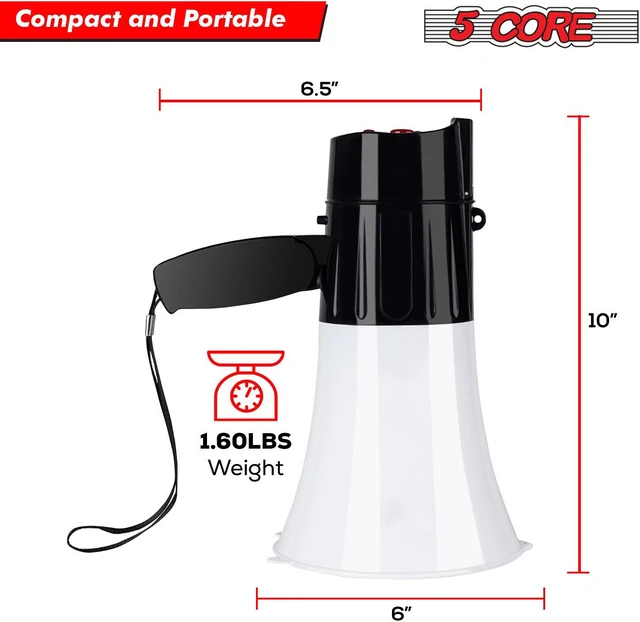 Alt view image 2 of 11 - 5 Core Megaphone Bullhorn Speaker 30W Professional Bull Horn Battery Power Cheer Megafono 800 Yard Range Loudspeaker w Siren LED Light Recording Ergonomic Handle for Coaches Football Baseball