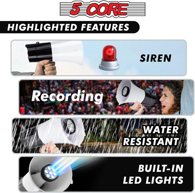 Alt view image 5 of 11 - 5 Core Megaphone Bullhorn Speaker 30W Professional Bull Horn Battery Power Cheer Megafono 800 Yard Range Loudspeaker w Siren LED Light Recording Ergonomic Handle for Coaches Football Baseball