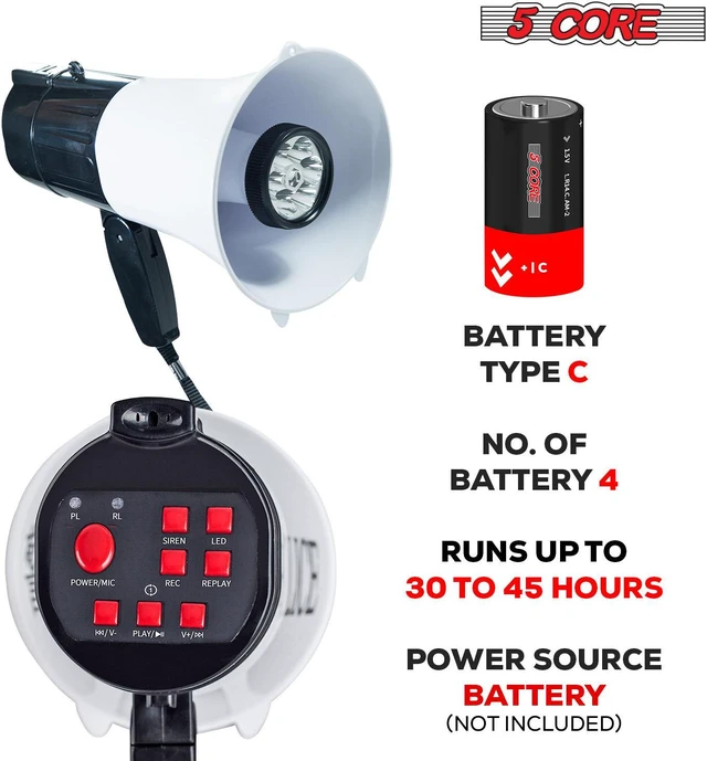 Alt view image 6 of 11 - 5 Core Megaphone Bullhorn Speaker 30W Professional Bull Horn Battery Power Cheer Megafono 800 Yard Range Loudspeaker w Siren LED Light Recording Ergonomic Handle for Coaches Football Baseball