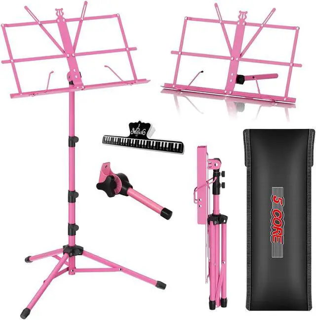 Main image of 5 Core Music Stand 2 in 1 Dual Use Sheet Music Professional Portable Adjustable 27.6-67 Inch Folding Music Note Holder Tripod Stands Pink MUS FLD 4S PNK
